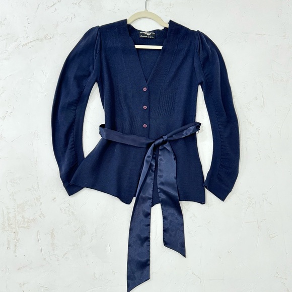 Arsene Lupin Sweaters - Elegant Navy Knit Cardigan with Satin Waist Tie
Made in Korea